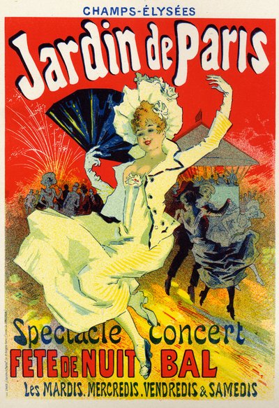 Arte, Entretenimiento. Jardín de París, baile en los Campos Elíseos, París. Póster de Jules Chéret, Francia, c.1895 de Jules Cheret
