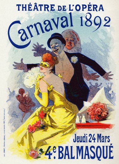 Arte. Entretenimiento. Baile de Máscaras en la Ópera de París. Cartel por Jules Chéret, Francia, abril 1892 de Jules Cheret