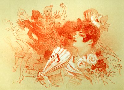 En el baile - dibujo (sanguina) por Jules Cheret - mujeres jóvenes y bailarines - danza - colección privada - de Jules Cheret