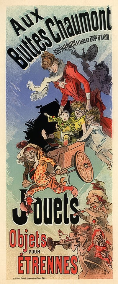 Aux Buttes Chaumont. Cartel publicitario para una tienda de juguetes de Jules Cheret