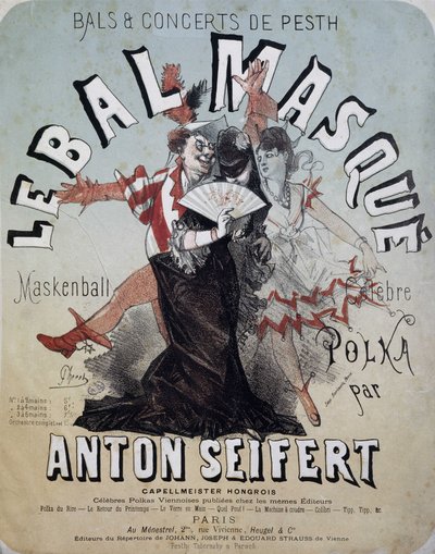Baile y concierto de Pesth: el baile de máscaras (Maskenball, famosa polka de Anton Seifert) - cartel de Jules Cheret, n.d. de Jules Cheret