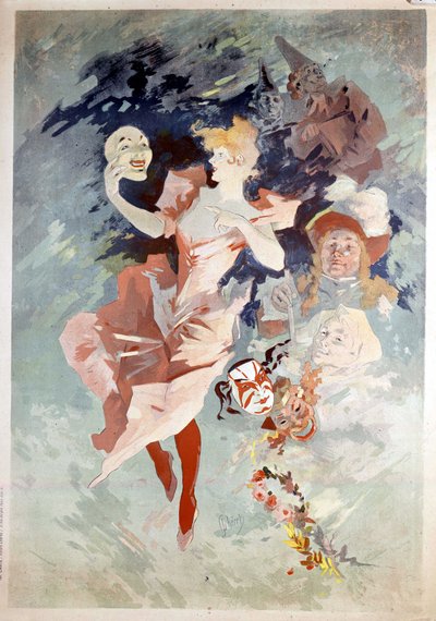 Cartel de carnaval por Jules Cheret: mujer con máscara, B.N. París. Siglo XIX. de Jules Cheret