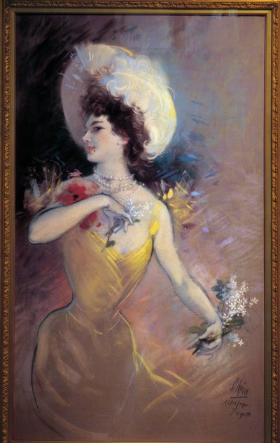 Joven con sombrero y ramo de flores de Jules Cheret