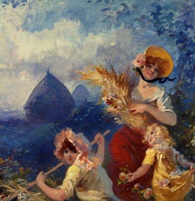 La Tierra Alegoría representando a mujeres jóvenes sosteniendo espigas de trigo contra un fondo de cosecha. Detalle. Cartón para tapiz por Jules Cheret (1836-1932) siglo XX Niza, Museo Cheret de Jules Cheret