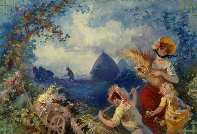 La Tierra Alegoría representando a mujeres jóvenes sosteniendo espigas de trigo contra un fondo de cosecha. Cartón para tapiz de Jules Chéret (1836-1932) siglo XX Niza, Museo Chéret de Jules Cheret