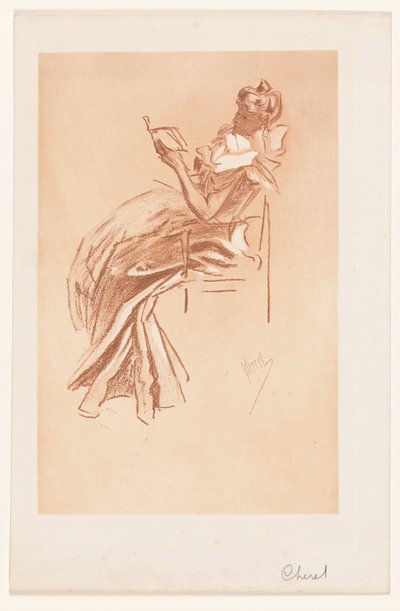 Mujer joven leyendo en una silla de Jules Cheret