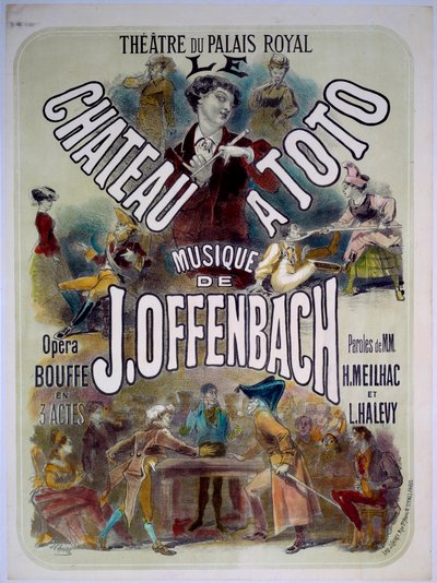 Póster para Le chateau a Toto con música de Jacques Offenbach (1819-1880) en el Théâtre du Palais Royal, ilustración de Jules Chéret (1836-1932) 1868 de Jules Cheret