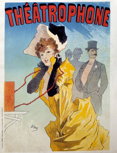 Cartel para el Teatrófono: una joven elegante escucha una obra de teatro a los oyentes. Ilustración de Jules Chéret (1836-1932) siglo XIX París, Artes Decorativas de Jules Cheret