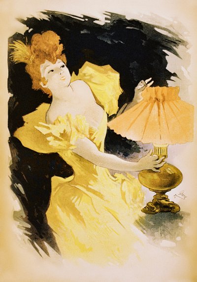 Póster vintage de mujer elegante encendiendo una lámpara de gas de Jules Cheret