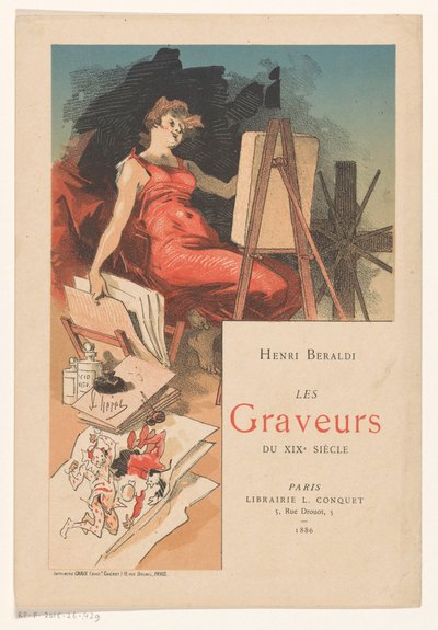Mujer rodeada de herramientas y materiales de un grabador de Jules Cheret