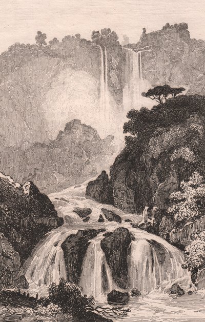 Vista de la Cascada de las Marmore (Cascata delle Marmore) cerca de Terni, Umbría, Italia, grabado en acero según dibujo de Jules Coignet (1798-1860), 14x20 cm aprox. de Jules Coignet