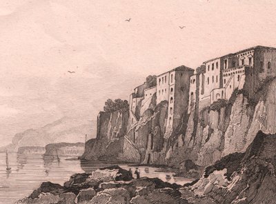 Vista de Sorrento con la casa de Torquato Tasso, Campania, Italia, grabado en acero de Sauvage sobre dibujo de Jules Coignet (1798-1860), ca 13x10 cm de Jules Coignet