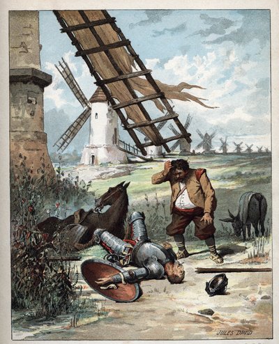 Don Quijote y los molinos de viento - Ilustración de Jules David (1808-1892) de Historia de Don Quijote - 1887 - por Miguel de Cervantes Saavedra (1547-1616) de Jules David
