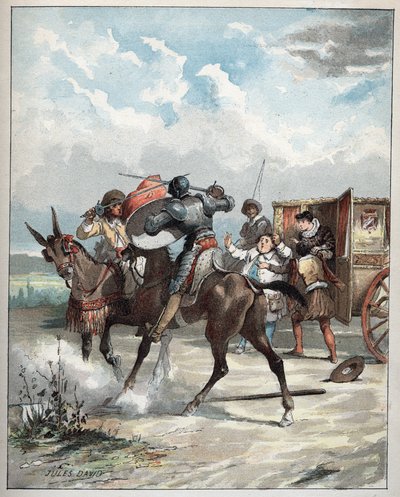 Don Quijote atacando a su enemigo - Don Quijote, sobre su caballo, se precipita sobre su enemigo - Ilustración de Jules David (1808-1892) de Histoire de Don Quixote (Don Quijote) - 1887 - por Miguel de Cervantes Saavedra (1547-1616) de Jules David