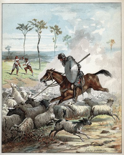 Don Quijote matando ovejas pensando que eran caballeros - Don Quijote en su caballo atraviesa las ovejas que toma por caballeros - Ilustración de Jules David (1808-1892) de la Historia de Don Quijote - 1887 - por Miguel de Cervantes Saavedra (1547-1616). de Jules David
