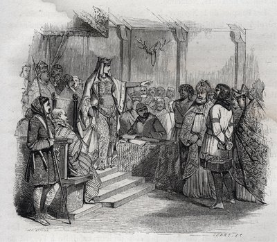 Ermengarde de Hesbaye (778-818) (Hermengarde de Hesbaye) sentenció a muerte a Bernardo de Italia (797-818) después de ser perdonado por Luis el Piadoso, pero debe sufrir el castigo de la ceguera - grabado en “Histoire de France” por Theodose Burett de Jules David