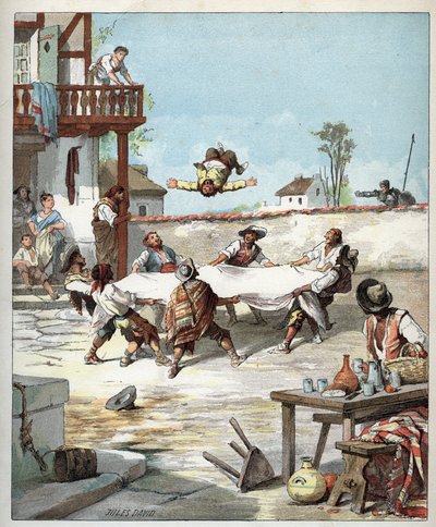En la posada, Sancho Panza es maltratado, llama a su amo Don Quijote para que lo ayude - En el hotel, unos gañanes hacen volar a Sancho Panza con una manta, Sancho llama a su amo Don Quijote - Ilustración de Jules David (1808-1892) de "Historia de Don Quij de Jules David