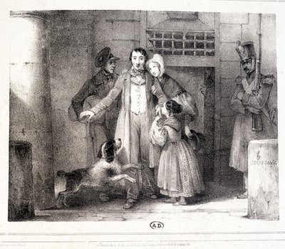 Hombre saliendo de prisión y reunido con su familia, c. 1830. de Jules David