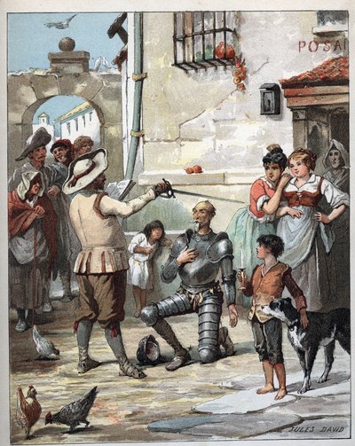 Fuera de una posada, Don Quijote convirtiéndose en caballero - Ilustración de Jules David (1808-1892) de Historia de Don Quijote (Don Quijote) - 1887 - por Miguel de Cervantes Saavedra (1547-1616) de Jules David