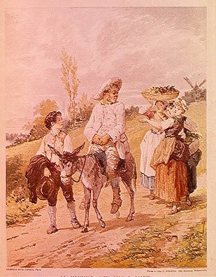 El molinero, su hijo y el burro (litografía, siglo XX) de Jules David
