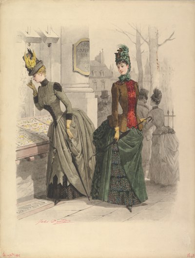 Dos Mujeres en Vestidos de Día: Dibujo preparatorio para una placa de moda, 19 de octubre de 1886 de Jules David