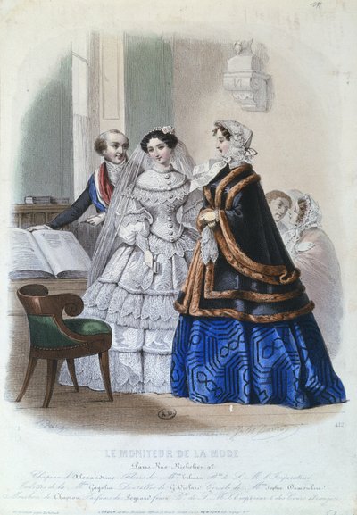 Vestido de novia, lámina de moda de Le Moniteur de la Mode, 1854 de Jules David