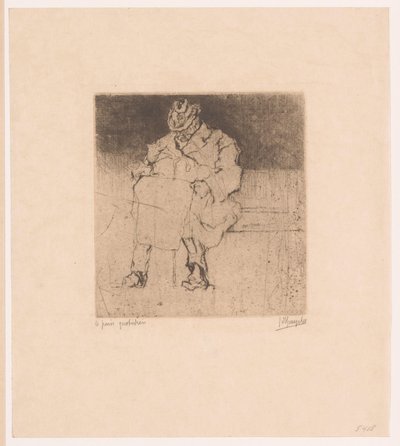 Un señor mayor con bastón se sienta en un banco
Le pain quotidien (título en el objeto) de Jules De Bruycker (signed by artist)
