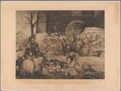 Vista de un mercado en Flandes Vieux marché en Flandre (título sobre objeto) de Jules De Bruycker (signed by artist)
