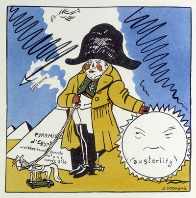Austerlitz, Jena, Wagram: Caricatura sobre Napoleón I - en “Historia de Francia” por Jules Depaquit, ilustrado por él mismo, ed. jonquières, París de Jules Depaquit