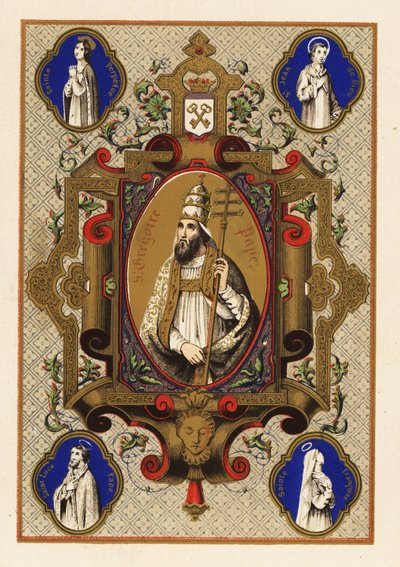 Retrato de San Gregorio, Papa Gregorio I, con triregno o triple corona, y férula papal, dentro de una orla decorativa de Jules Desportes