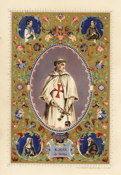 Retrato de San Juan de Matha, fundador de la Orden de la Santísima Trinidad, con aureola, con túnica de cruzado, sosteniendo grilletes de cristianos liberados de Jules Desportes