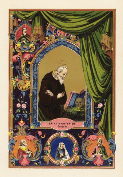 Retrato de San Martinico, ermitaño de Cesárea de Palestina, con halo, leyendo la Biblia apoyado en un cráneo humano, dentro de una orla decorativa de cortinas y follaje de Jules Desportes