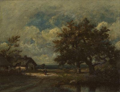 La cabaña junto al camino, cielo tormentoso, c. 1860 de Jules Dupré