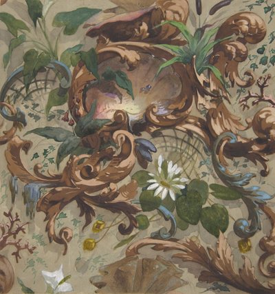 Diseño para papel tapiz con conchas, nenúfares y juncos, 1830-97. Creadores: Jules-Edmond-Charles Lachaise, Eugène-Pierre Gourdet de Jules Edmond Charles Lachaise and Eugène Pierre Gourdet