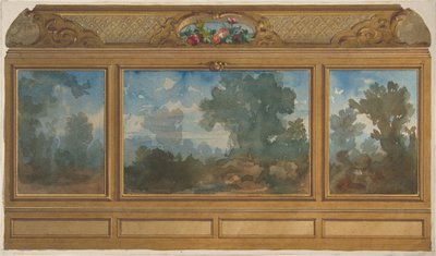 Elevación de un interior panelado decorado con paisajes pintados y covachas de Jules Edmond Charles Lachaise and Eugène Pierre Gourdet