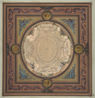 Diseño para la decoración de un techo con una pintura trampantojo de una cúpula artesonada de Jules Edmond Charles Lachaise