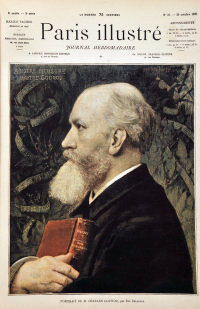 Retrato de Charles Gounod (Con la partitura de Don Giovanni (Don Juan) de Mozart) basado en el retrato de Elie Delaunay. Grabado de 1887 en “Paris-Illustrous journal weekly”. de Jules Elie Delaunay