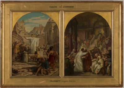 Boceto para la iglesia de Saint-Ambroise: San Agustín poniendo fin a la práctica bárbara de que padres, hermanos e hijos luchen entre sí para practicar la guerra, entre 1872 y 1875 (óleo sobre lienzo) de Jules Eugene Lenepveu