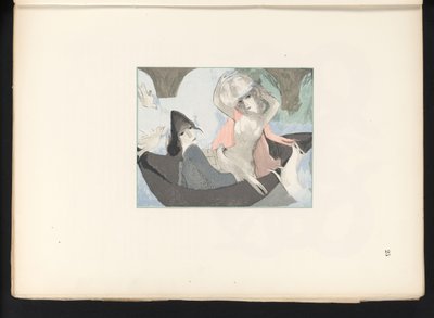 Dos figuras femeninas con pájaros y un perro de Jules Germain