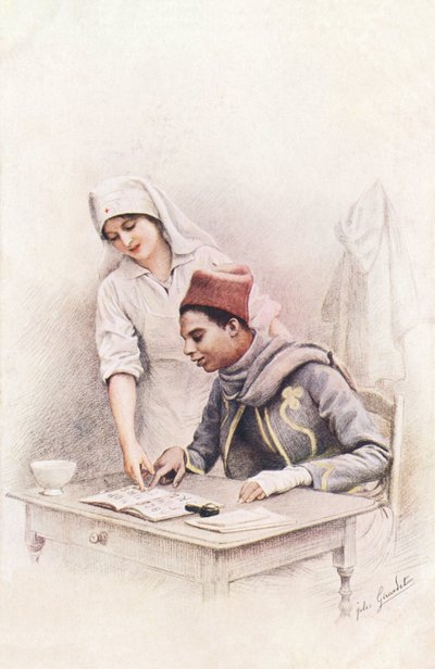 Lección de lectura. Postal de "La Guerra de las Naciones" que representa a una enfermera de la Cruz Roja aprendiendo a leer a un zapatero senegalés de Jules Girardet