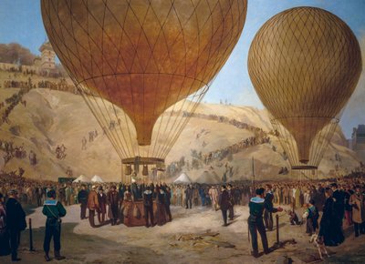 Léon Gambetta partiendo en el globo aerostático Armand-Barbes durante el asedio de París, desde Place Saint-Pierre hasta Montmartre el 7 de octubre de Jules and Guiaud Jacques Didier