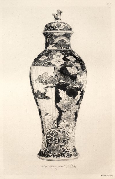 Historia del Arte Cerámico: Estudio descriptivo y filosófico de la cerámica de todas las épocas y naciones: Japón: Familia Crisantemo-Paeoniana. -Jarrón, "Potiche", con el perro de Fo y una carpa saltando fuera del agua (Lámina III) de Jules Jacquemart