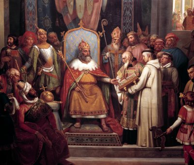 Carlomagno rodeado por sus oficiales principales, recibió a Alcuino (detalle) de Jules Laure