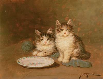 Dos gatitos con un cuenco vacío (óleo sobre tabla) de Jules Leroy