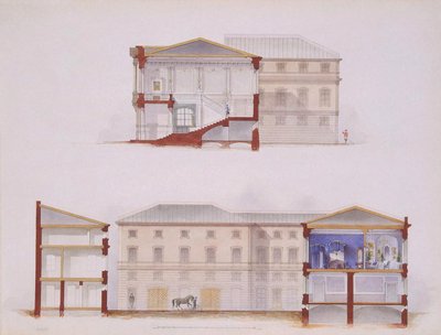 El Palacio Stroganov en San Petersburgo. Plano de la Fachada y Sección, 1865 de Jules Mayblum