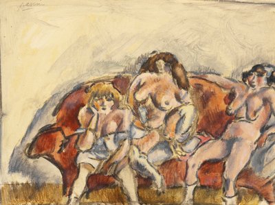 Tres mujeres en un sofá rojo de Jules Pascin