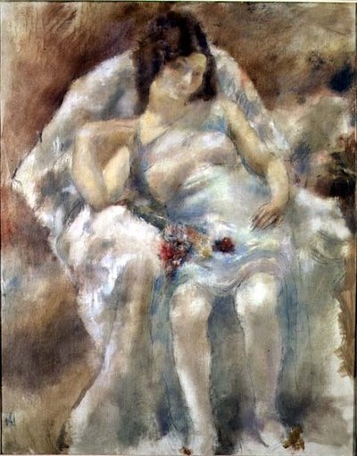 Joven mujer sentada con flores de Jules Pascin