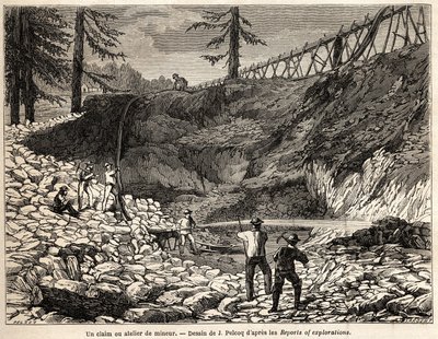 Una concesión minera o taller en California, dibujo de Jules Pelcoq, para ilustrar la historia del viaje del Barón de Wogan a California en 1850-1852. Grabado en “Le tour du monde, nouveau journal des voyages” París de Jules Pelcoq