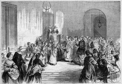 La emperatriz Eugenia de Montijo (1826-1920) esposa de Napoleón III, asistiendo a la comida de los niños en el refectorio de la casa hospitalaria Eugenio Napoleón cerca de la Barrière du Trône en París. De un dibujo de Jules Pelcoq. Grabado en "El de Jules Pelcoq