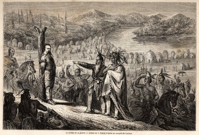 El poste de guerra, el Barón de Wogan capturado por los indios de la tribu Timpabaches, se encuentra en las orillas del San Juan, brazo del río Grande, dibujo de Jules Pelcoq, para ilustrar la historia del viaje del Barón de Wogan a California en 1850-185 de Jules Pelcoq